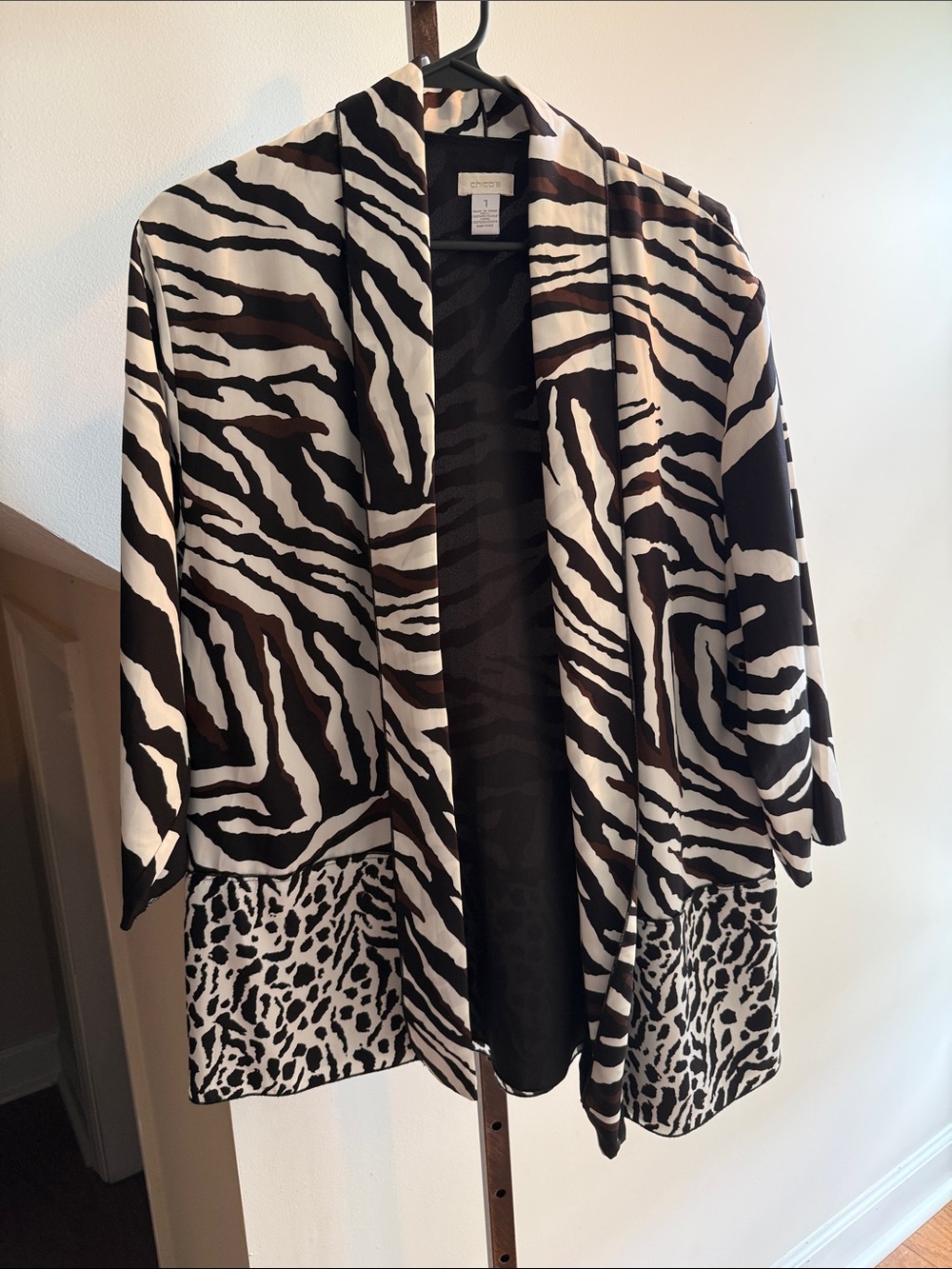 Chico's Black, White & Brown Animal-Print Open Cardigan